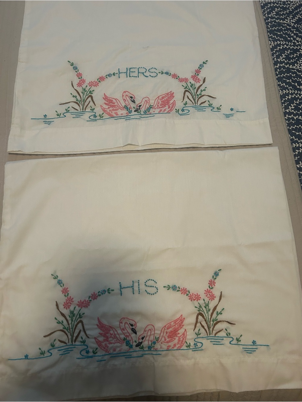 Vintage White 'His' and 'Hers' Embroidered Swan Pillowcases